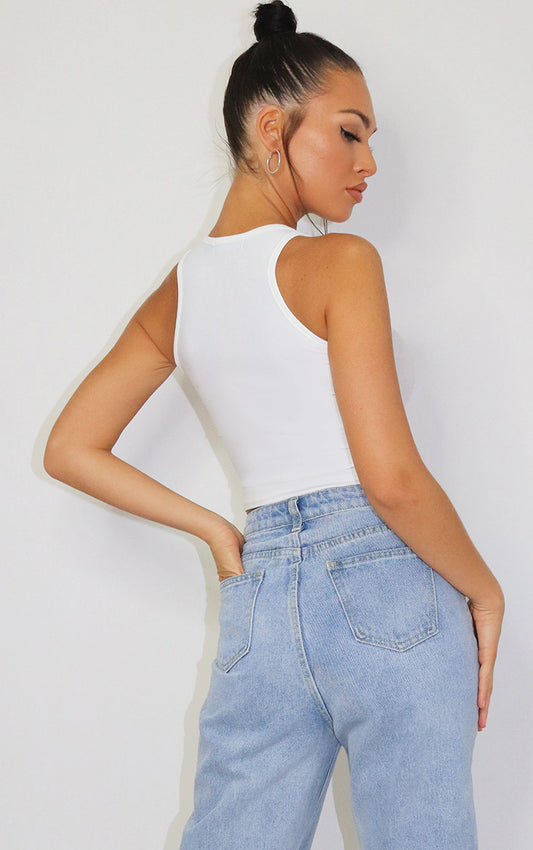 White Slinky Fitted Racer Crop Top