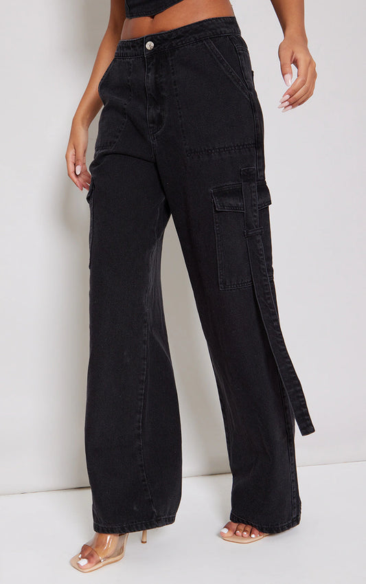 Tall Washed Black Mid Rise Denim Wide Leg Cargo Jeans