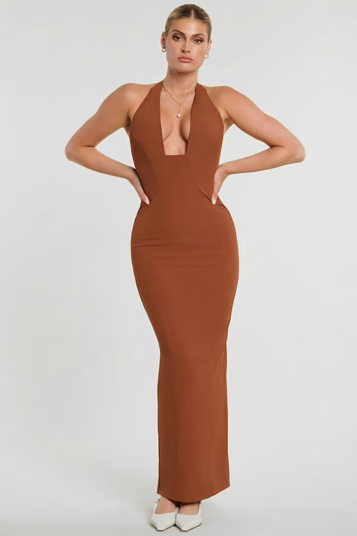 OhPolly - Woven Twill Halter Neck Plunge Maxi Dress in Chestnut Brown