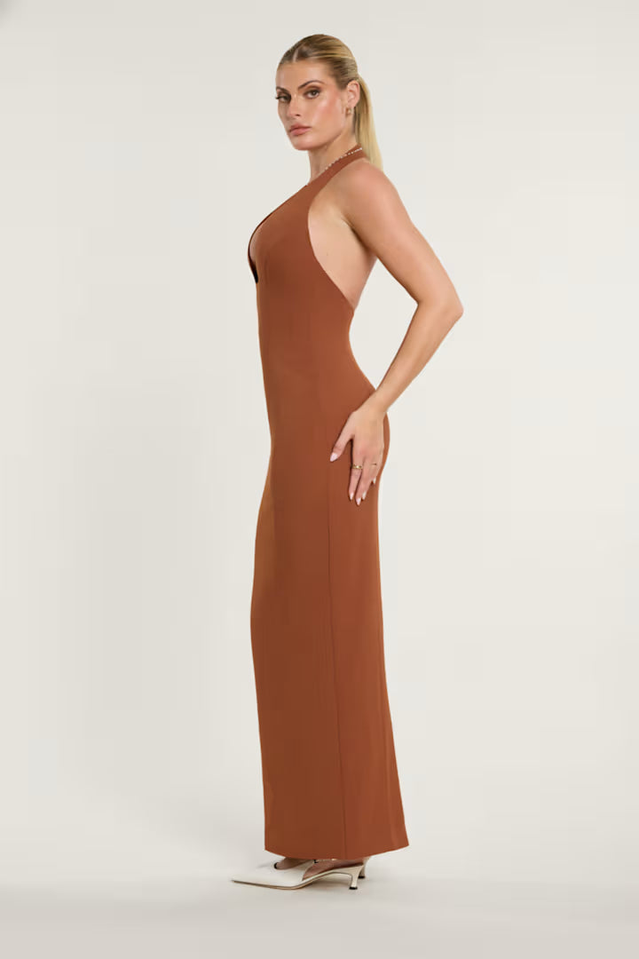 OhPolly - Woven Twill Halter Neck Plunge Maxi Dress in Chestnut Brown