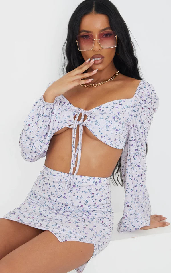 White Ditsy Floral Print Tie Front Balloon Long Sleeve Crop Top