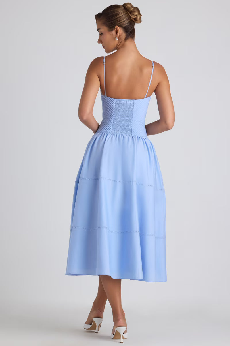 OhPolly - Lace-Trim Pintucked Poplin Midaxi Dress in Sky Blue
