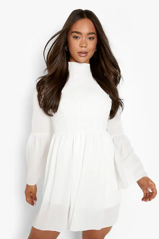 boohoo Boho Crochet Detail Wide Sleeve Smock Dress