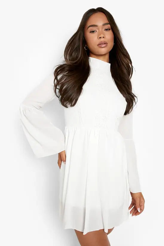 boohoo Boho Crochet Detail Wide Sleeve Smock Dress