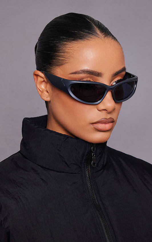 Grey Thick Frame Narrow Visor Sunglasses