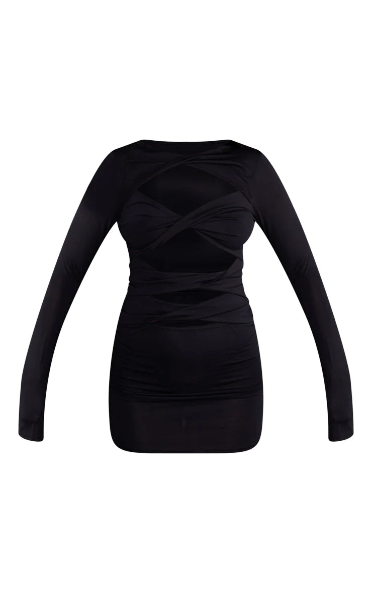 Black Slinky Twist Cut Out Long Sleeve Bodycon Dress