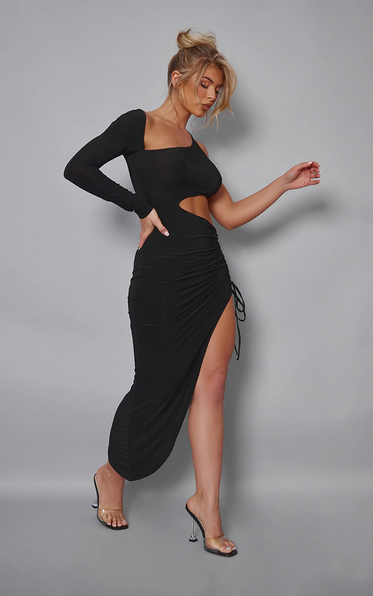 Black Slinky One Sleeve Cut Out Ruched Midi Dress