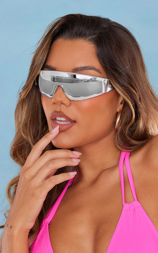 Silver Curved Metallic Frame Visor Sunglasses