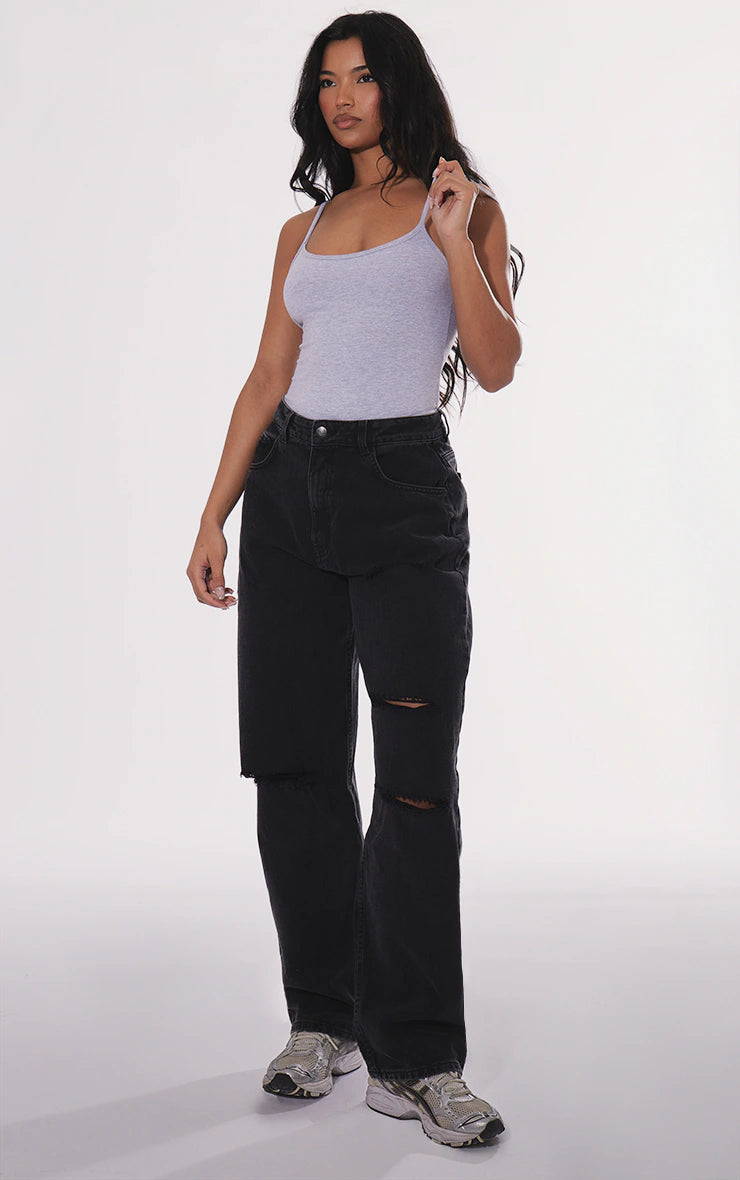 WASHED BLACK RIPPED KNEE BOYFRIEND JEANS