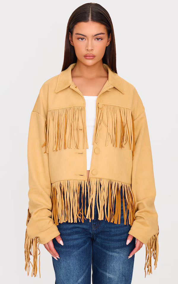 Camel Faux Suede Western Fringe Detail Jacket