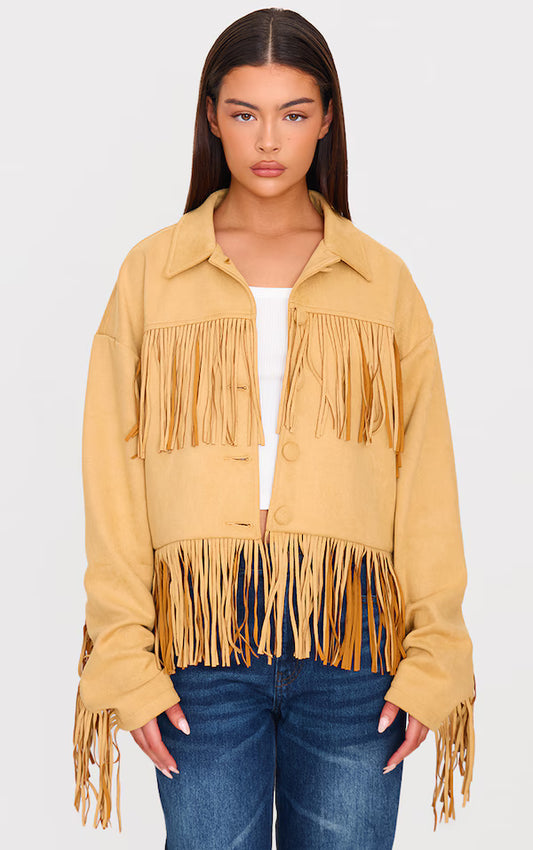 Camel Faux Suede Western Fringe Detail Jacket