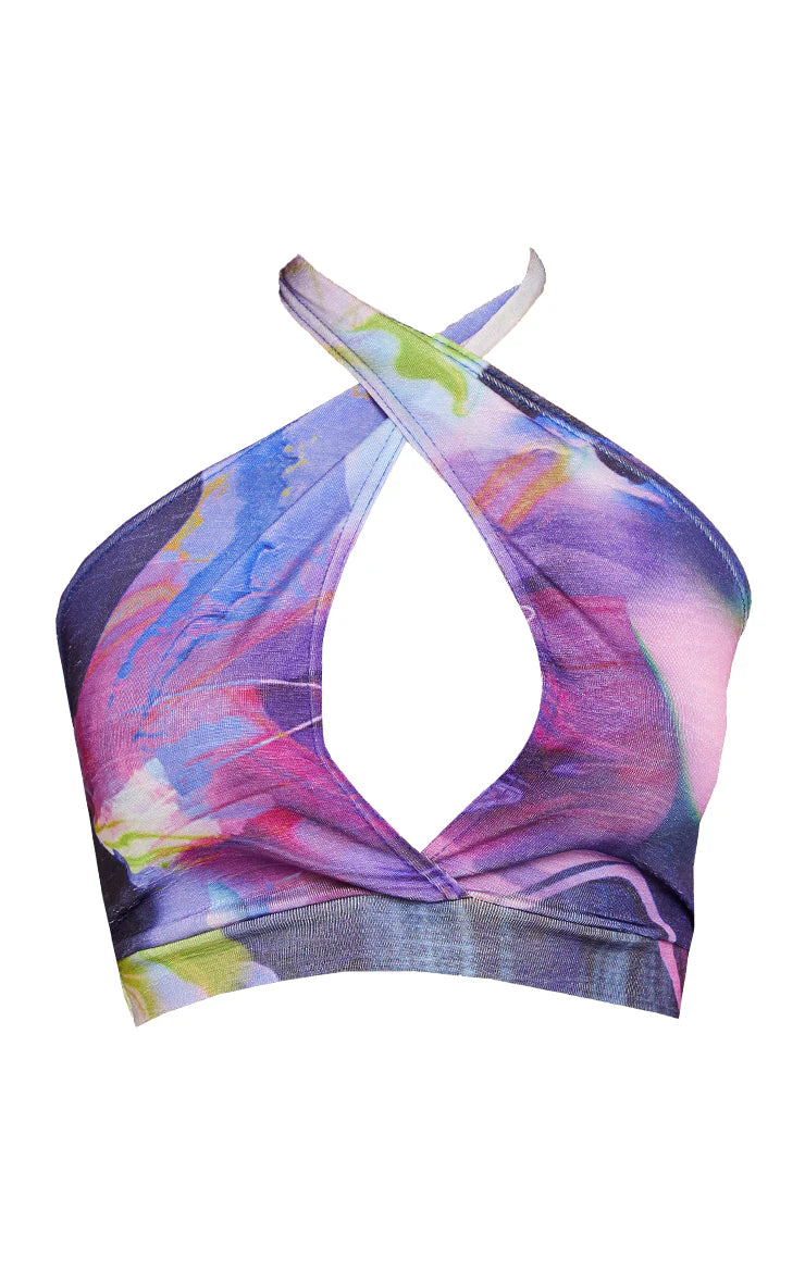 Purple Abstract Print Slinky Acetate Halterneck Bralet