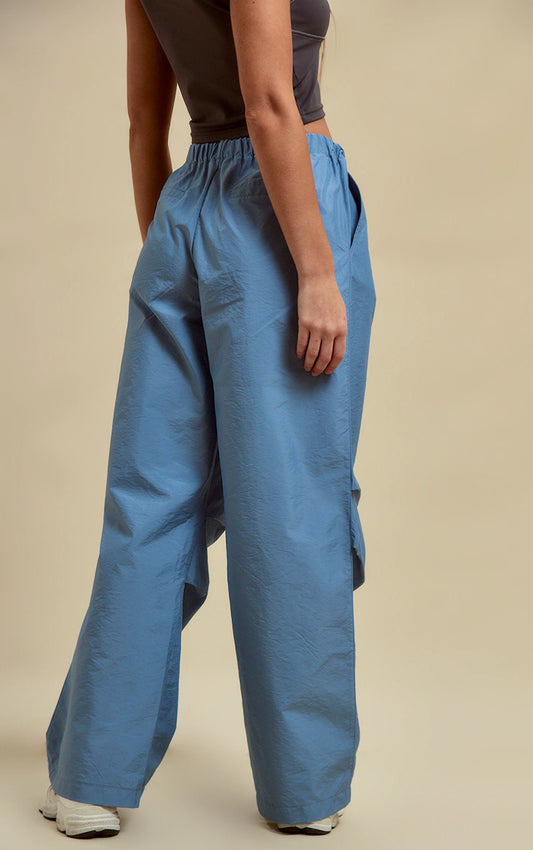Grey Nylon Low Rise Drawstring Tie Waist Cargos