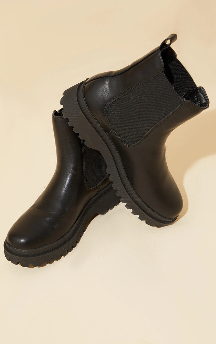 BLACK PU ROUND TOE CHELSEA ANKLE BOOTS