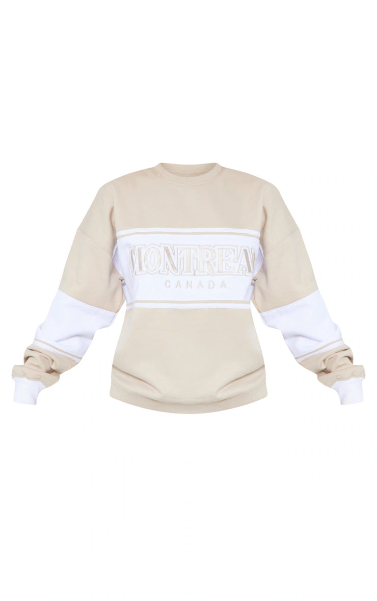 BEIGE MONTREAL EMBROIDERED PANELLED OVERSIZED SWEATSHIRT