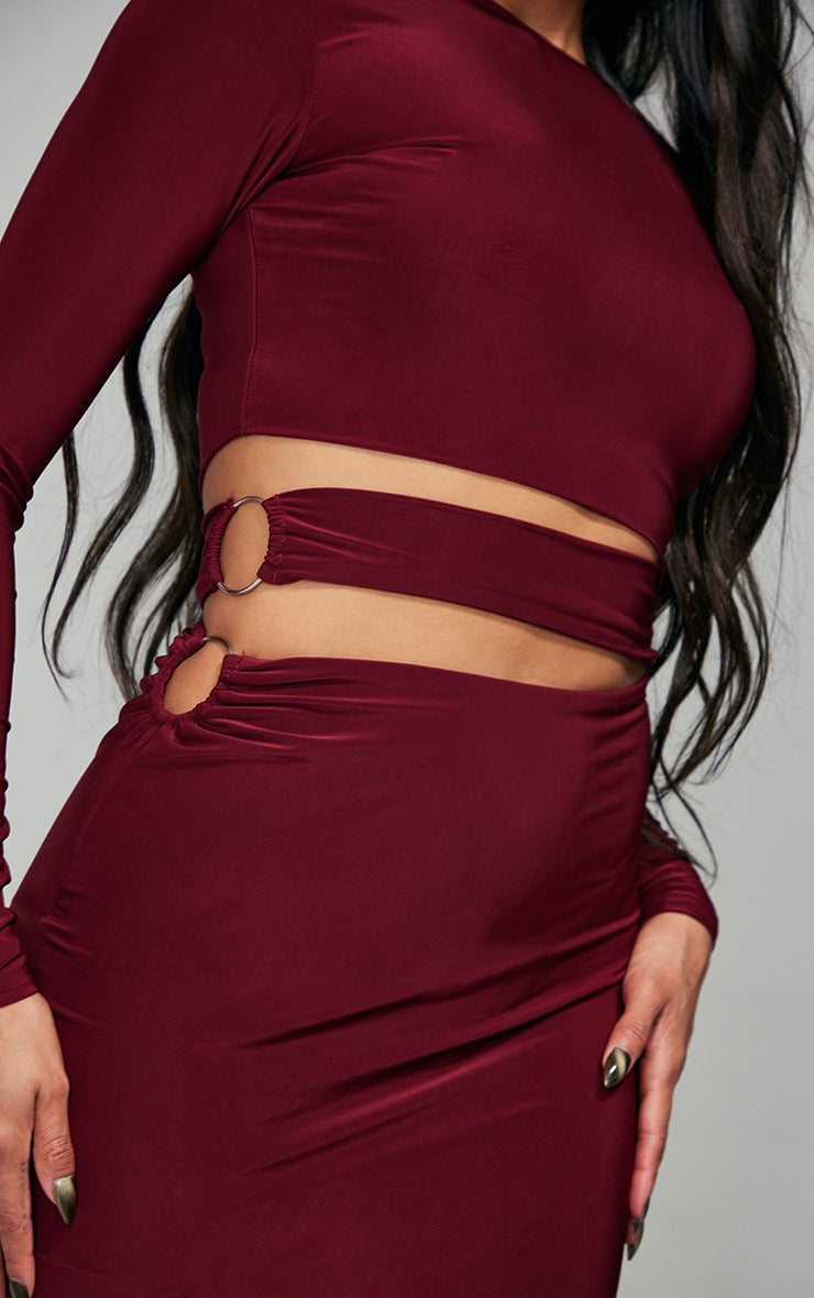 DARK PLUM SLINKY CUT OUT WAIST RING DETAIL BODYCON DRESS