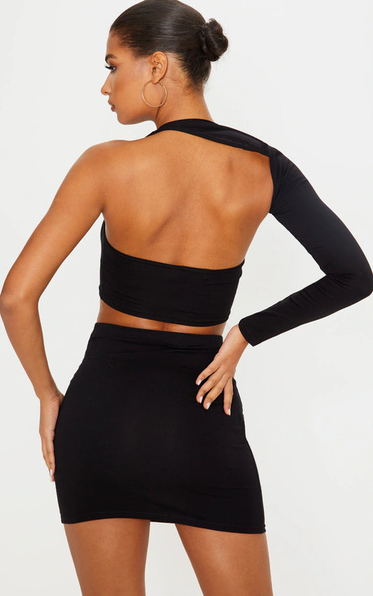Black Cotton One Shoulder Asymmetric Crop Top