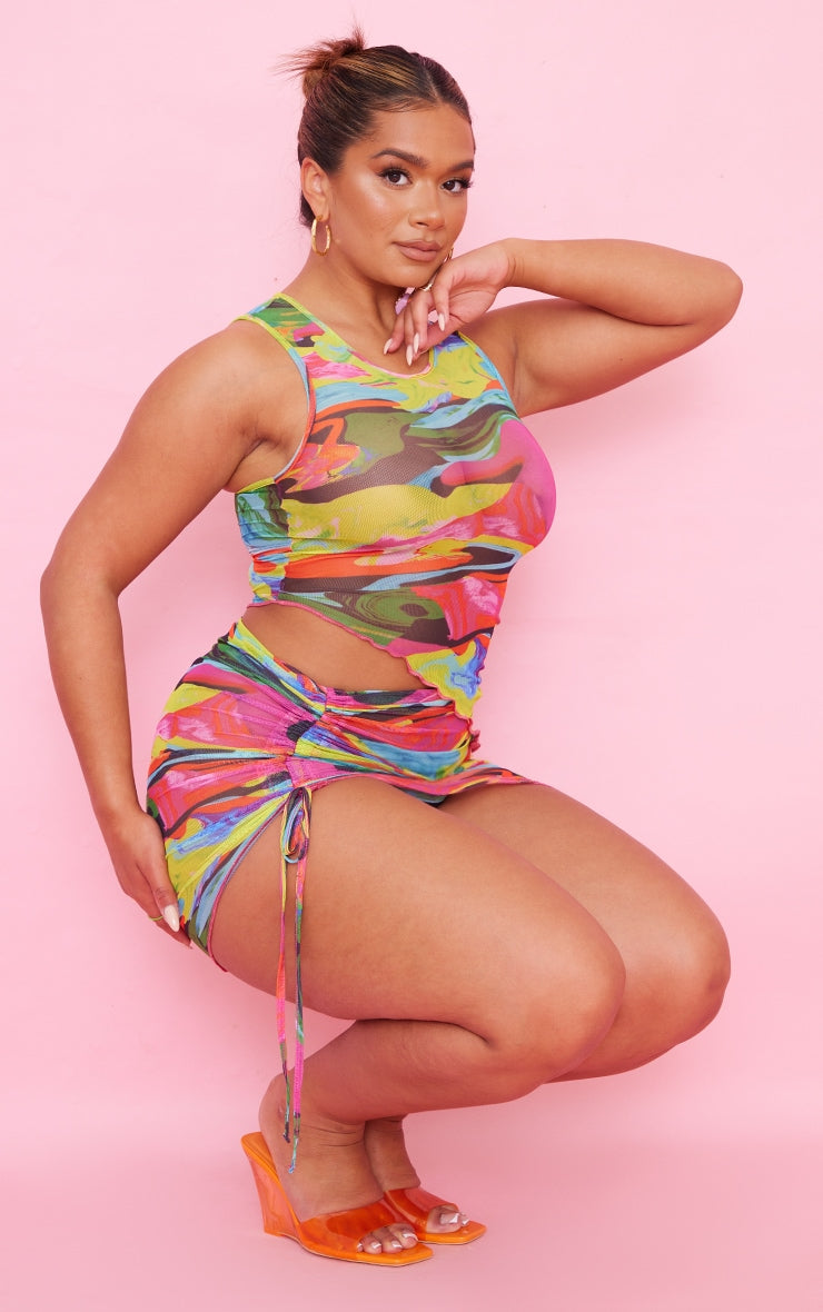 Shape Multi Swirl Print Sheer Mesh Asymmetric Top