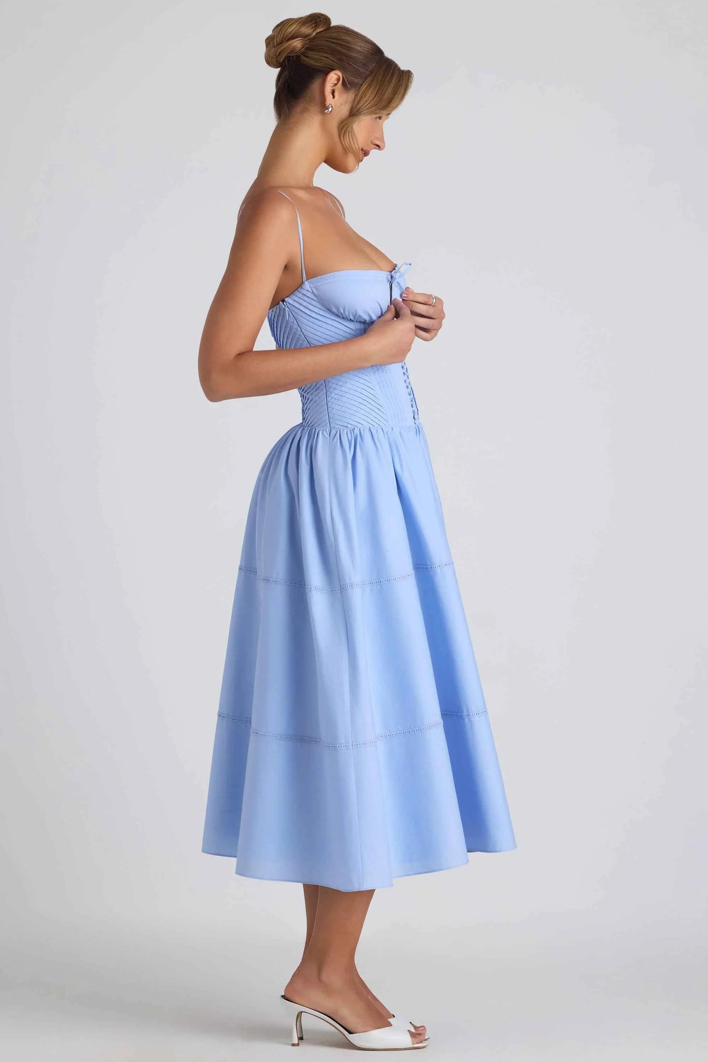 OhPolly - Lace-Trim Pintucked Poplin Midaxi Dress in Sky Blue