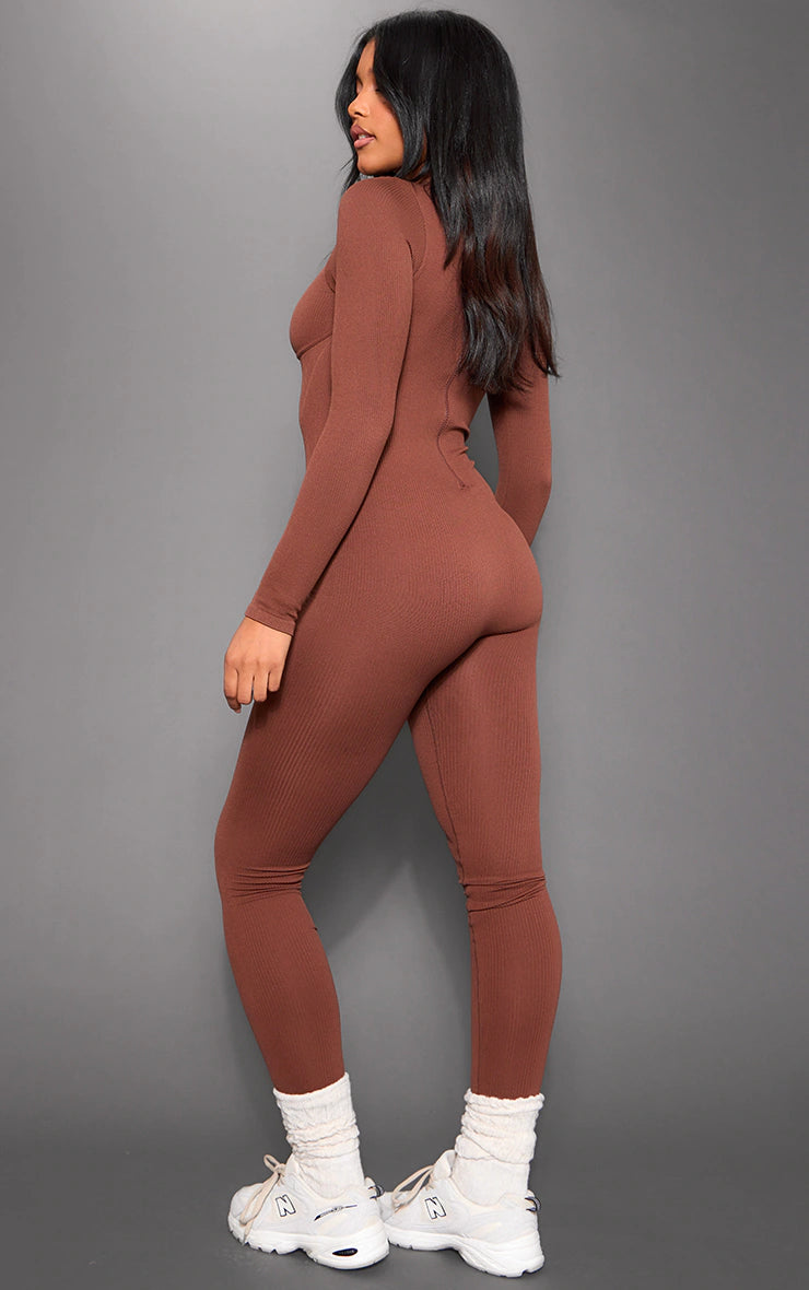 CHOCOLATE SNATCHED RIB LONG SLEEVE CORSET DETAIL JUMPSUIT