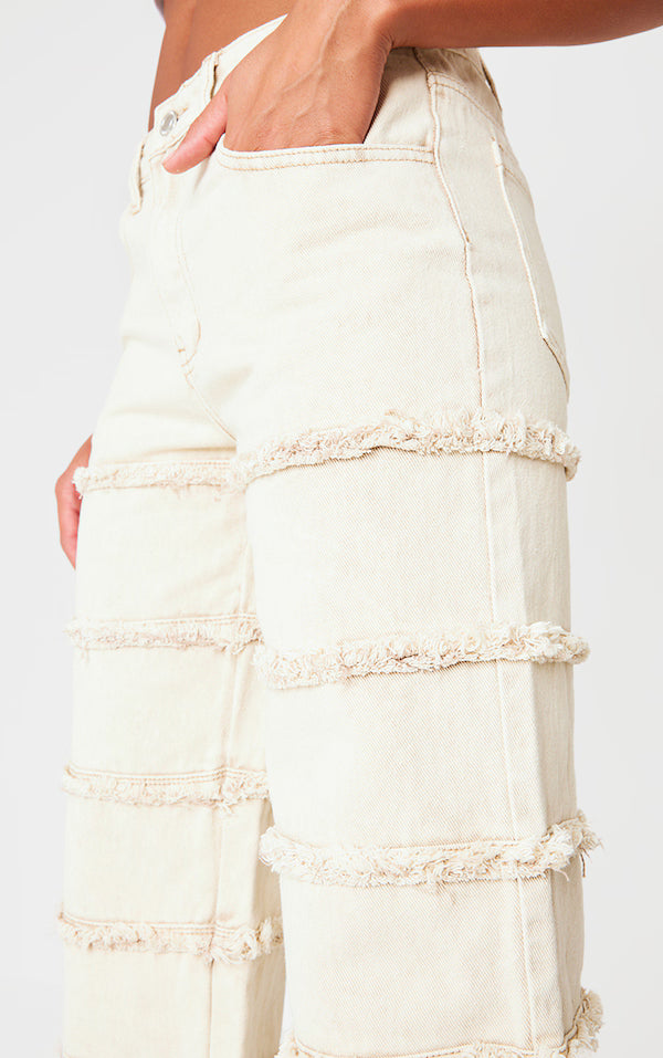 Plt - Washed Stone Frayed Striped Seam Wide Leg Jeans