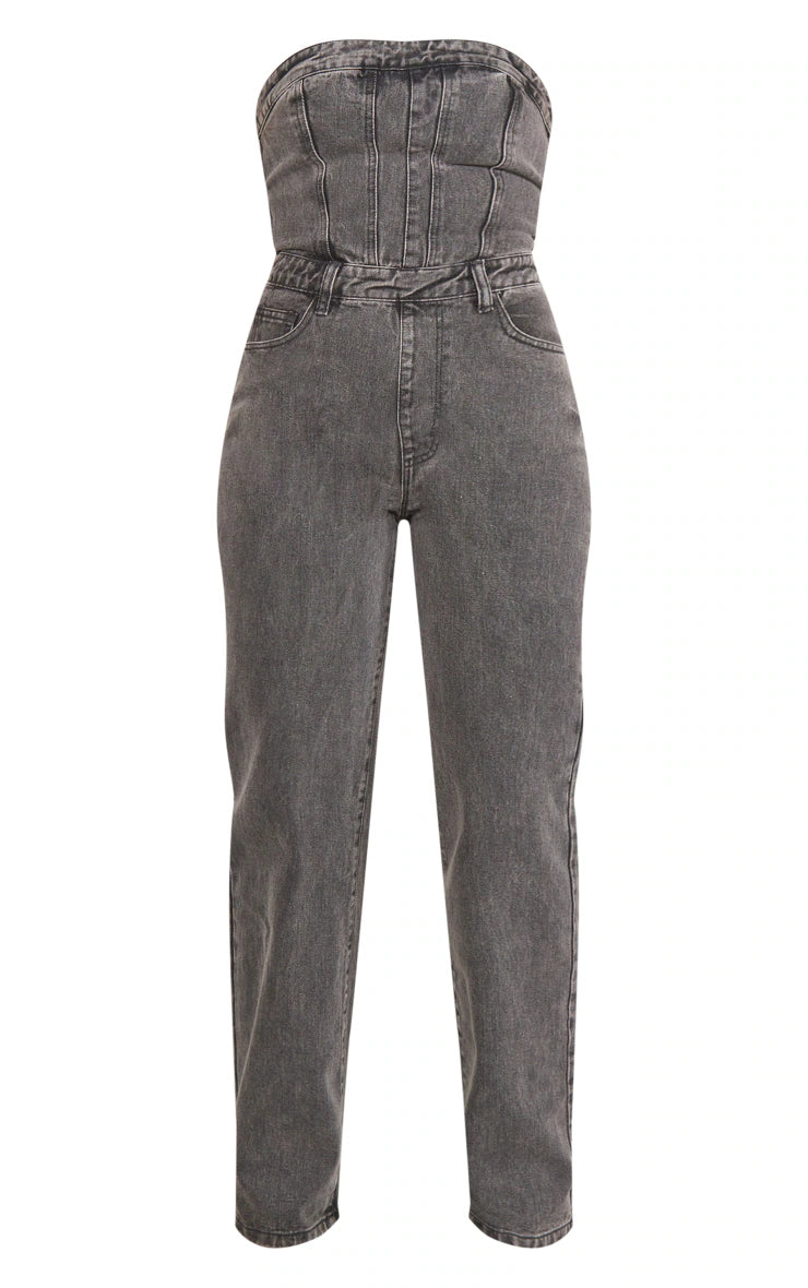 Washed Charcoal Bandeau Denim Jumpsuit