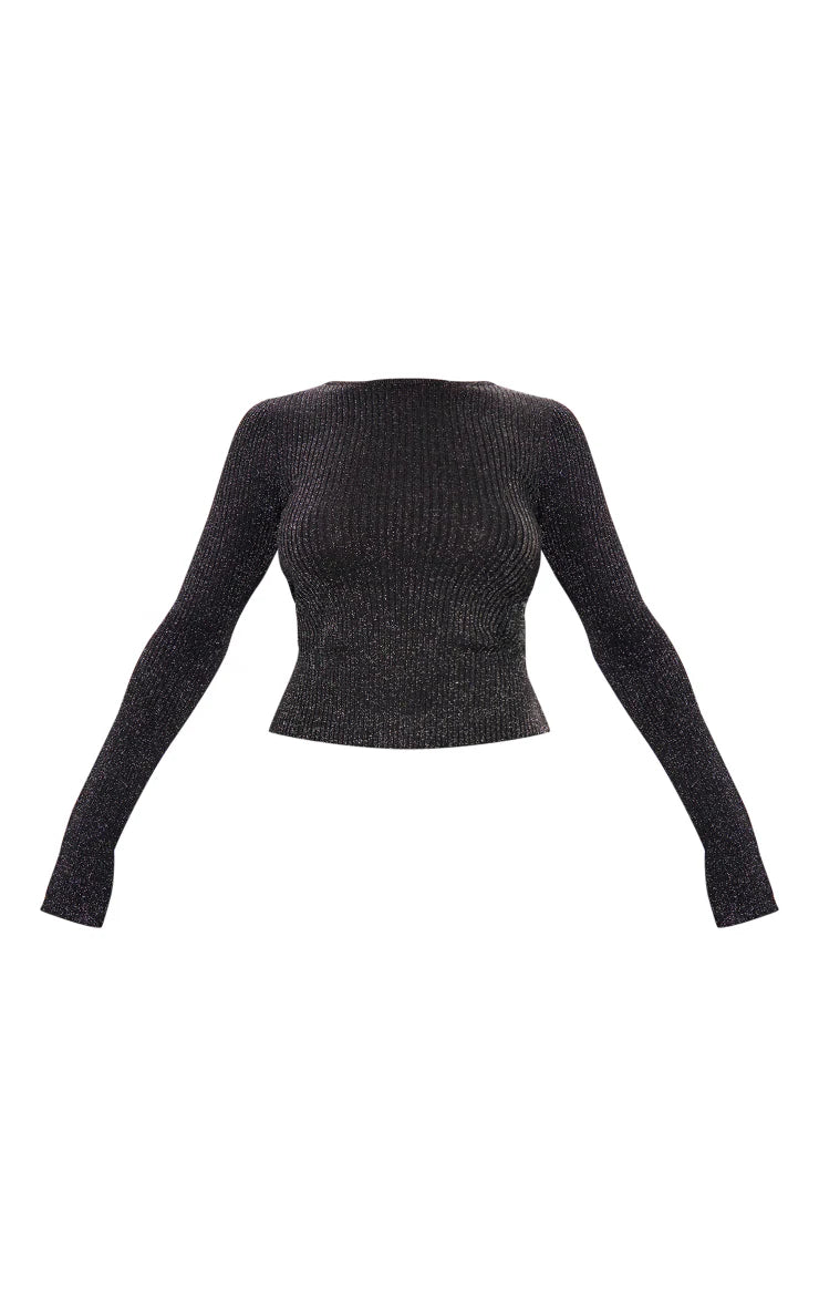 Black Glitter Knitted Open Back Long Sleeve Top