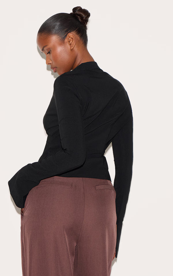 Black Bengaline Wrap Detail Fitted Shirt