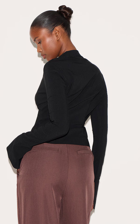 Black Bengaline Wrap Detail Fitted Shirt