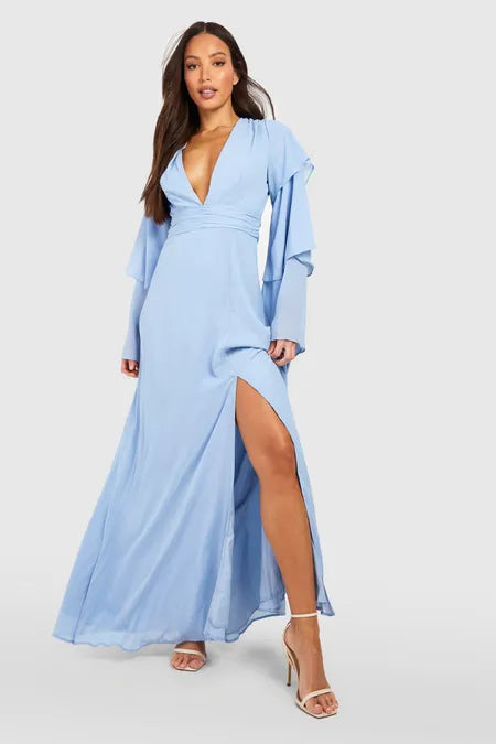 Boohoo - Tall Bridesmaid Tiered Sleeve Occasion Maxi Dress - pastel blue