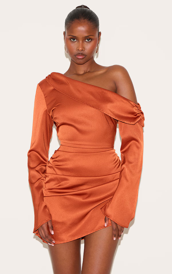Plt Plus Burnt Orange Satin One Shoulder Drape Bodycon Dress