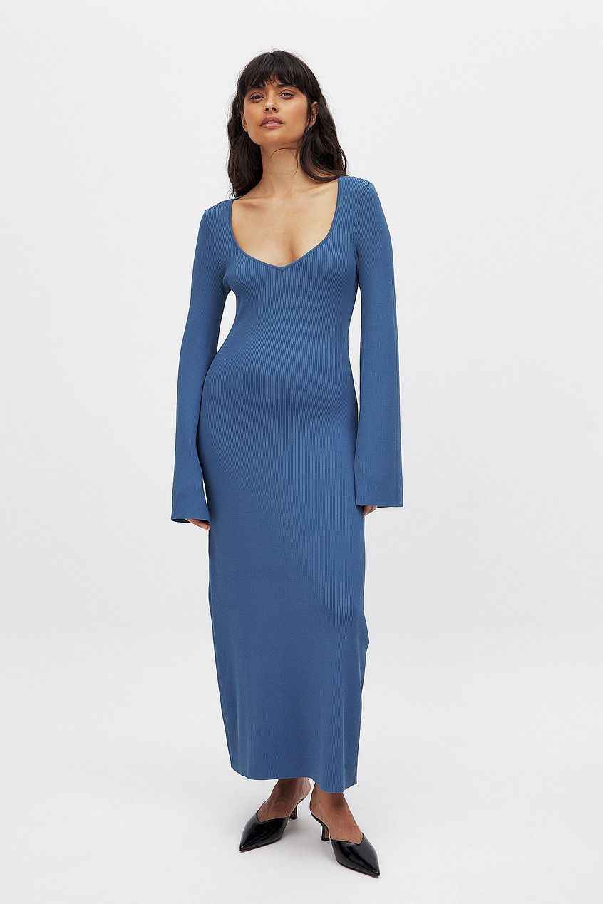 Na-kd Fine Knitted Trumpet Sleeve Midi Dress