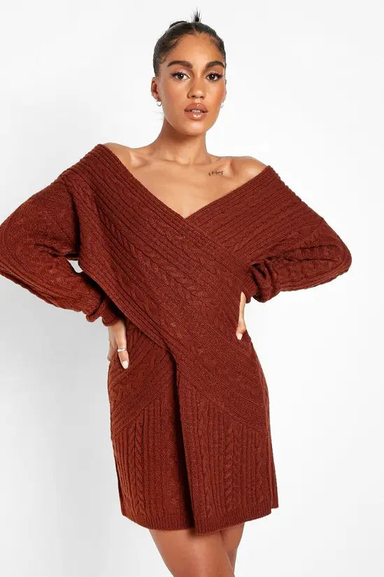 boohoo Off The Shoulder Cable Knitted Jumper Dress