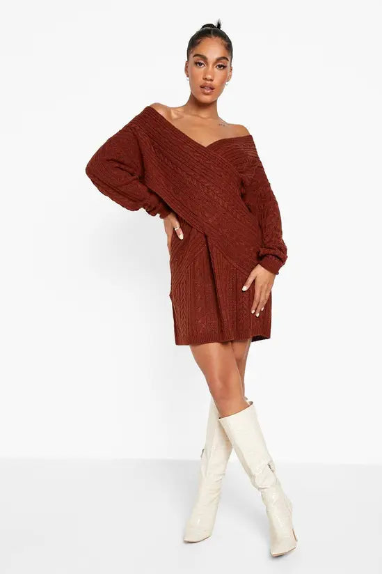 boohoo Off The Shoulder Cable Knitted Jumper Dress