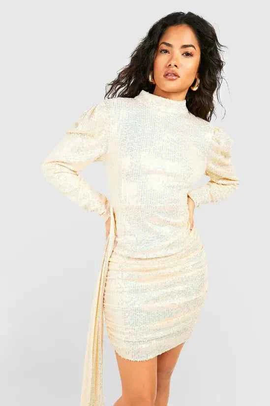 Boohoo - Sequin Puff Sleeve Drape Mini Party Dress