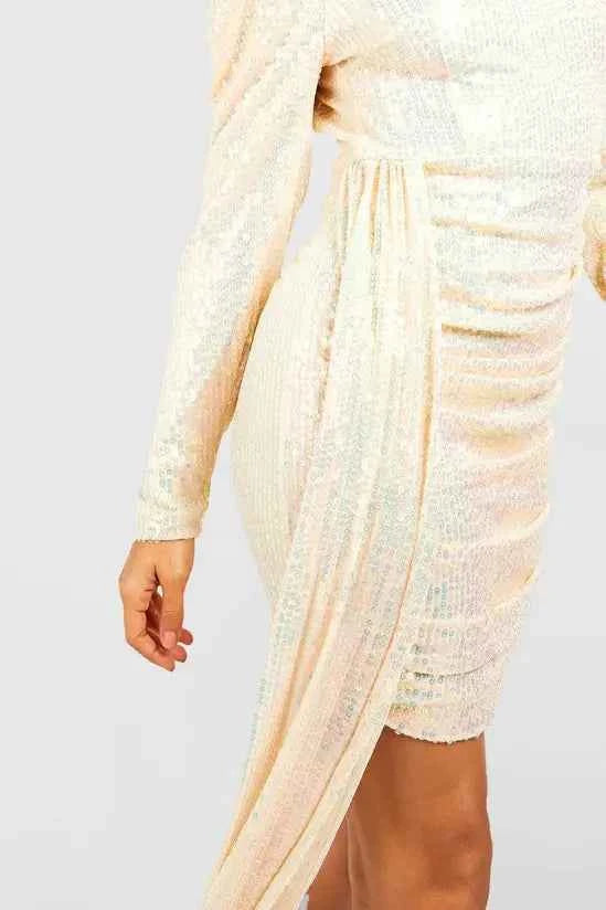 Boohoo - Sequin Puff Sleeve Drape Mini Party Dress
