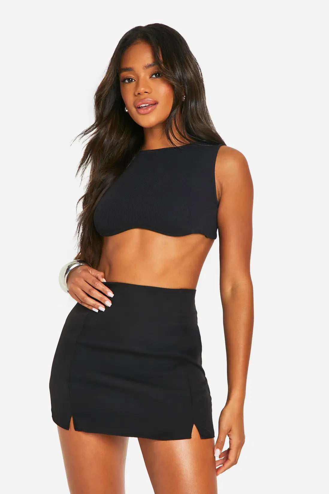 boohoo Double Split Front Woven Mini Skirt