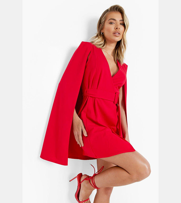 Boohoo Cape Sleeves Belted Mini Blazer Dress