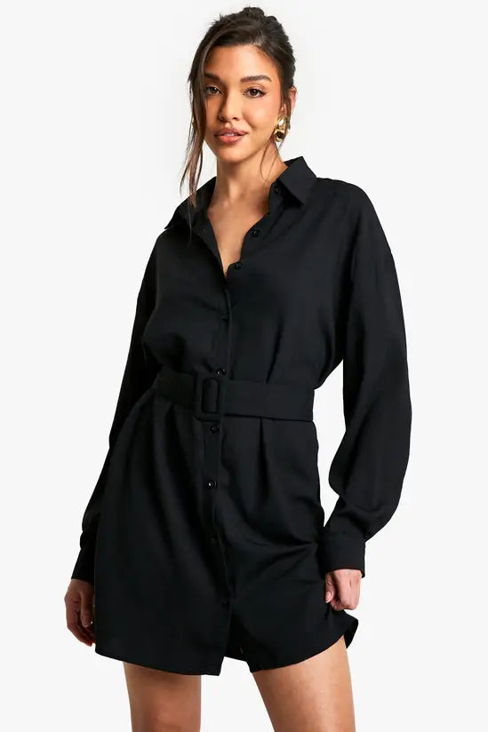 boohoo Belted Button-Down Long Sleeve Shirt Dress