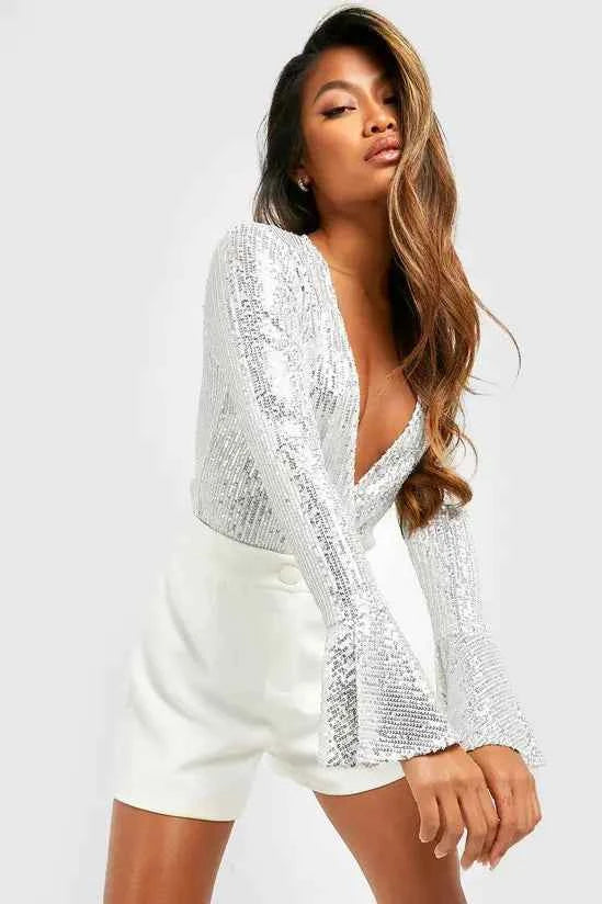 Boohoo - Sequin Wrap Ruffle Cuff Bodysuit