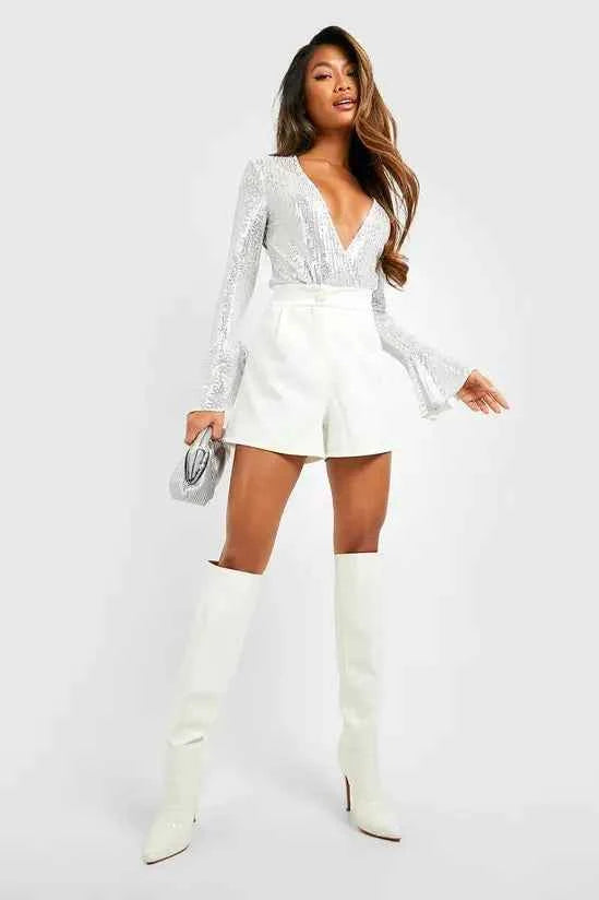 Boohoo - Sequin Wrap Ruffle Cuff Bodysuit