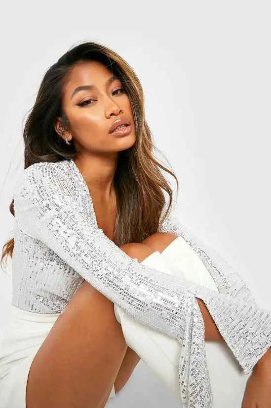Boohoo - Sequin Wrap Ruffle Cuff Bodysuit