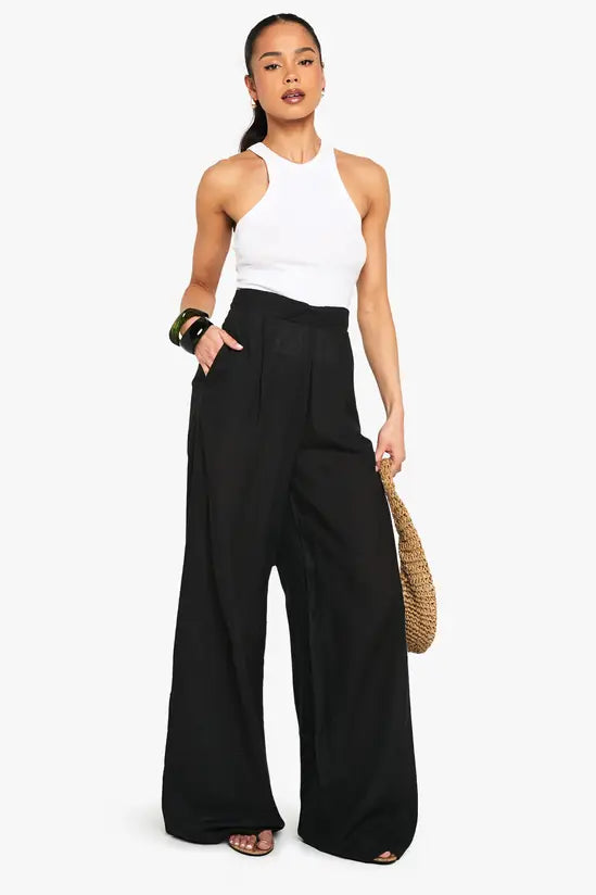 boohoo Linen Look Wide Leg Relaxed Fit Trousers