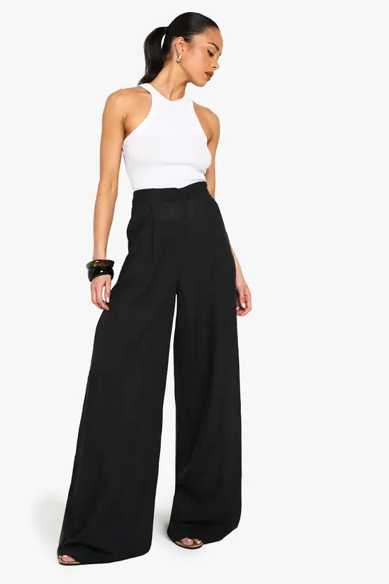 boohoo Linen Look Wide Leg Relaxed Fit Trousers