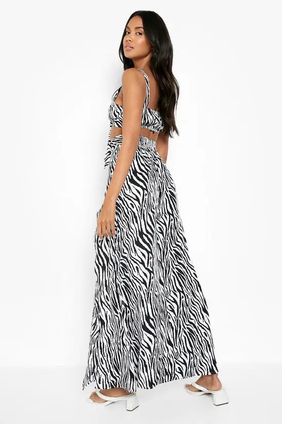 Boohoo - Zebra Print Knot Bralette & Split Maxi Skirt