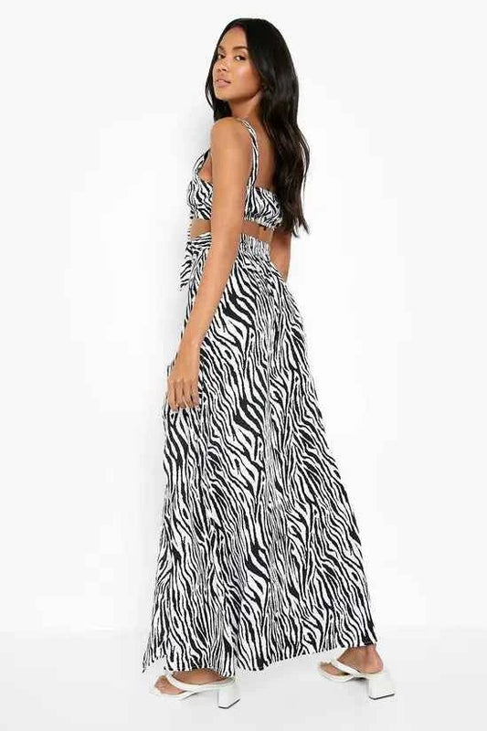Boohoo - Zebra Print Knot Bralette & Split Maxi Skirt