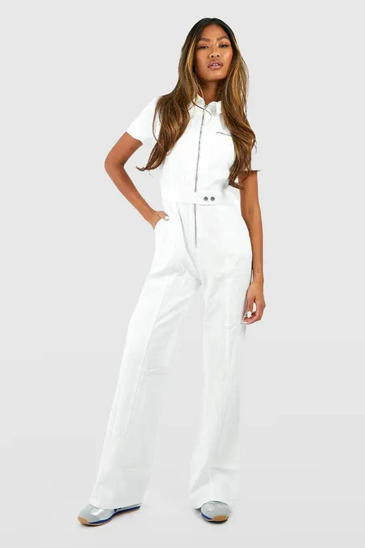 boohoo Zip Up Cargo Denim Wide Leg Jumpsuit