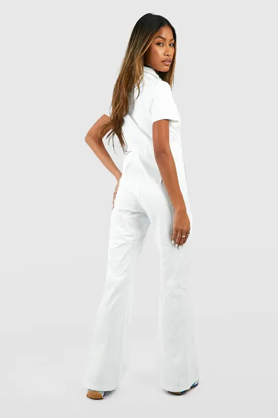 boohoo Zip Up Cargo Denim Wide Leg Jumpsuit