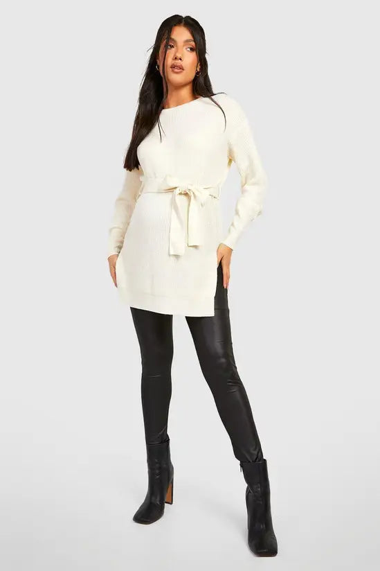Maternity Side Split Knitted Tie Waist Jumper