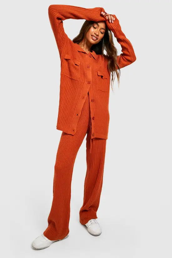 boohoo Knitted Shirt & Wide Leg Trouser Co-ord